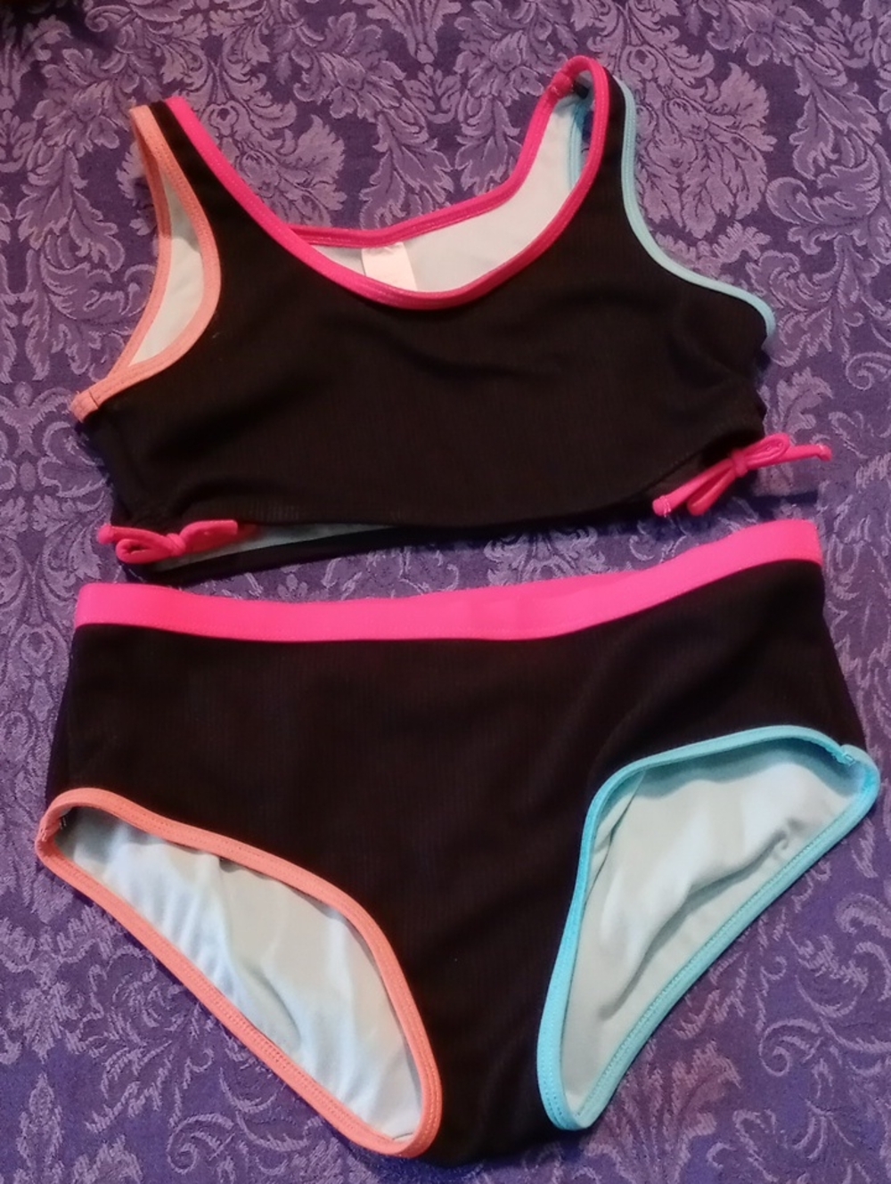 Kids Black Two-Piece Swim Set with Neon Trim